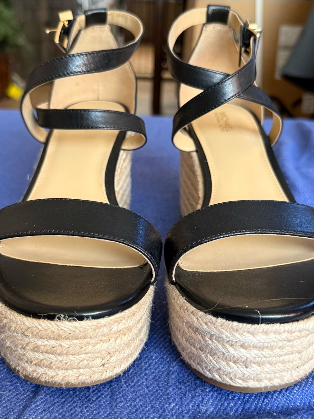 Michael Kors Black Leather Strappy Platform Espadrille Sandals